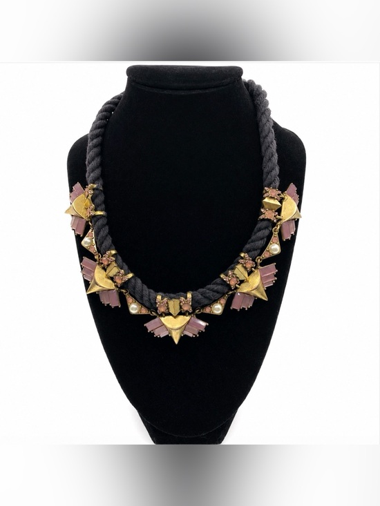 J. Crew Jewelry - J Crew Black Cord Matte Gold Tone Pink Rhinestone Necklace